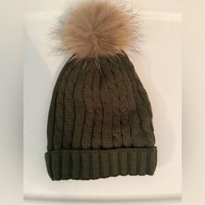 Olive Green Knit Beanie with Faux Fur Pom